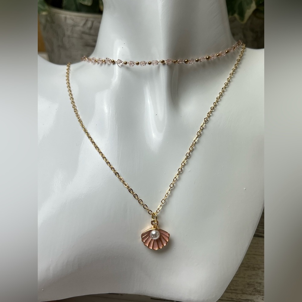 Beachy Chic Pink Multi-Strand Necklace Set- Sea Shell and Pearl Layered Necklace